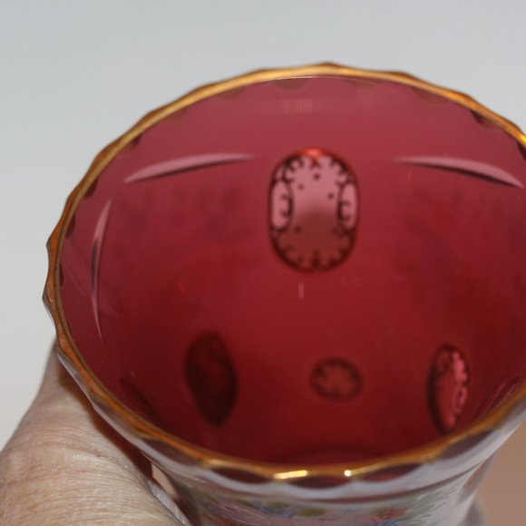 BOHEMIAN CZECH Cased Glass White Overlay Cut to Red Cranberry VASE Vintage - Picture 3 of 7